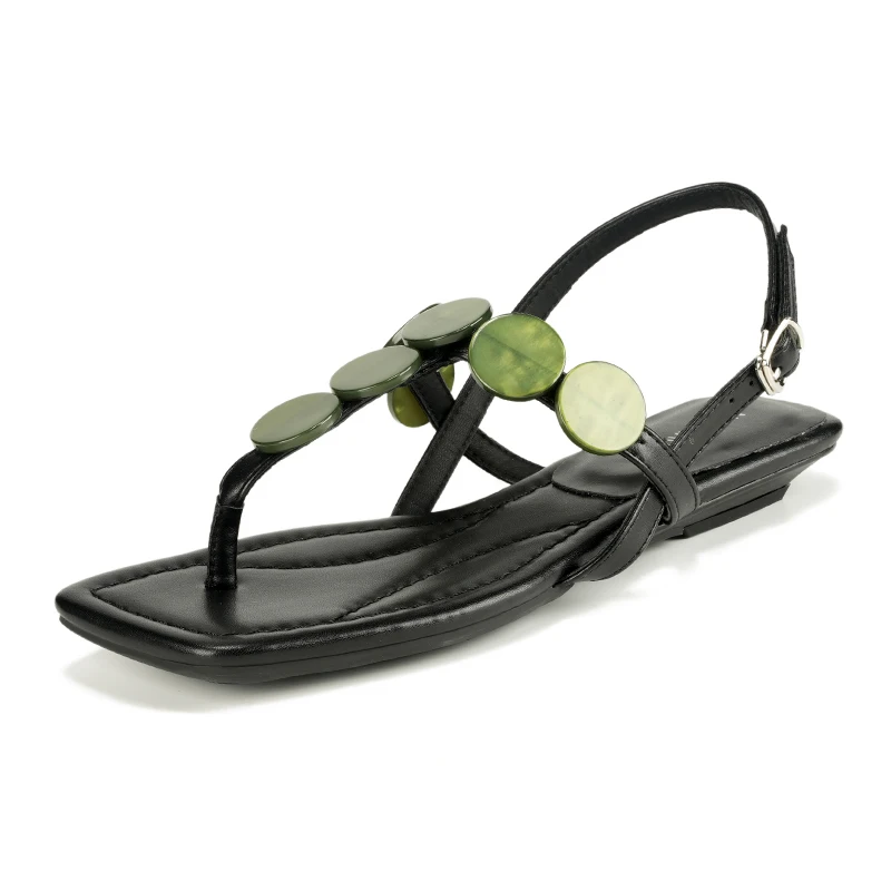

Black Flip Flops Woman Sandals Brown Gemstone Low Heels Slingbacks Shoes For Ladies Heels Beach Sandals Summer Square Toe Shoes