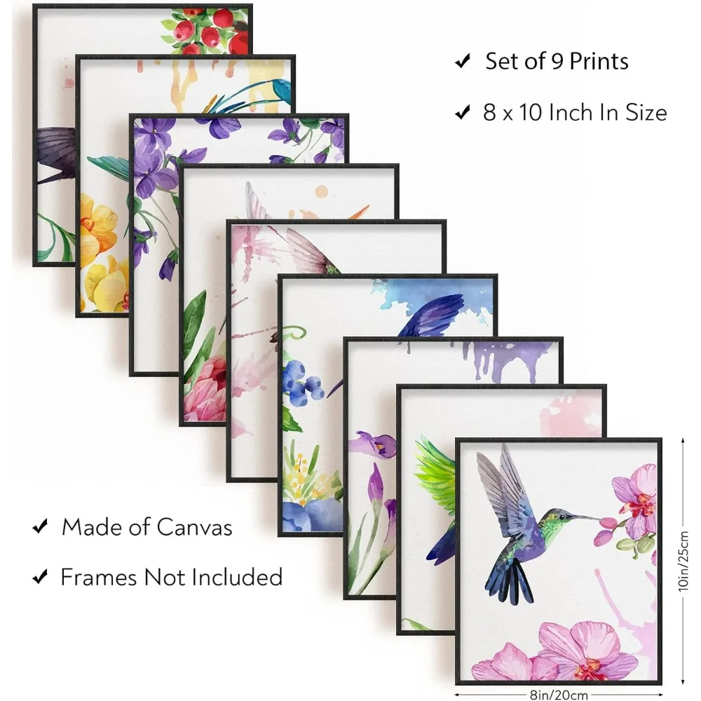 9 PCS Hummingbirds Unframed Canvas Prints Watercolor Wall Art Print Birds with Flower Canvas Print Animals Artwork Abstract