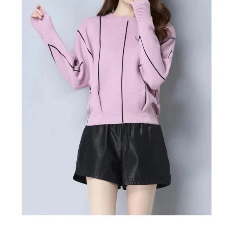 Knitted Long Sleeve Contrast Color Women\'s Clothing Crew Neck Striped Screw Thread Pullover Sweater Autumn Winter Loose Tops