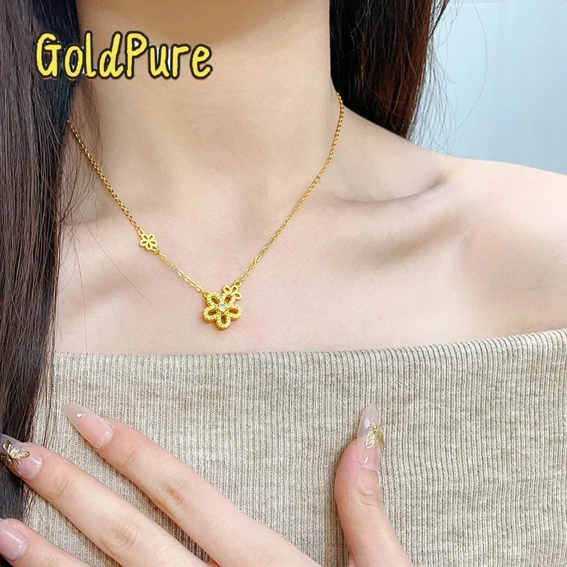 Goldpure Luxury 24K 9999 Pure Gold real gold Drill Hollow Five-petal Flower Pendant Rotating Cherry Blossom Necklace