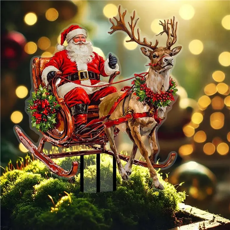 【THANKSGIVING DAY】2X Santa Claus Riding A Reindeer Sleigh To Deliver Gifts Acrylic Outdoor Garden Waterproof Patio Plug