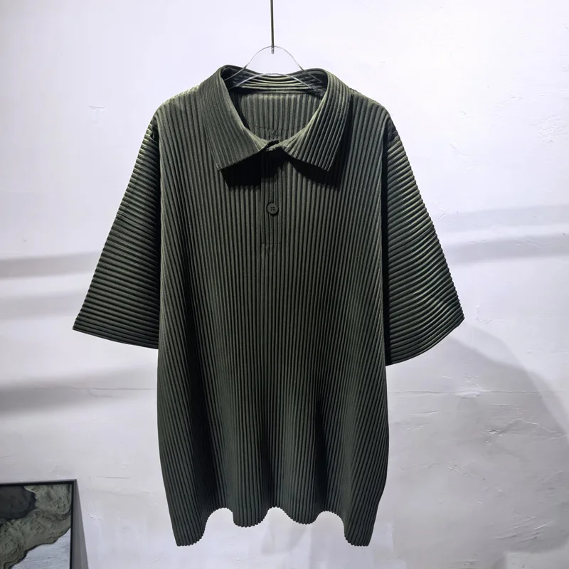 

Miyake Pleated Short-sleeved Polo Shirt Men Lapel Top Short-sleeved 2025 Summer Loose Casual Jacket Solid Color Simple Tops