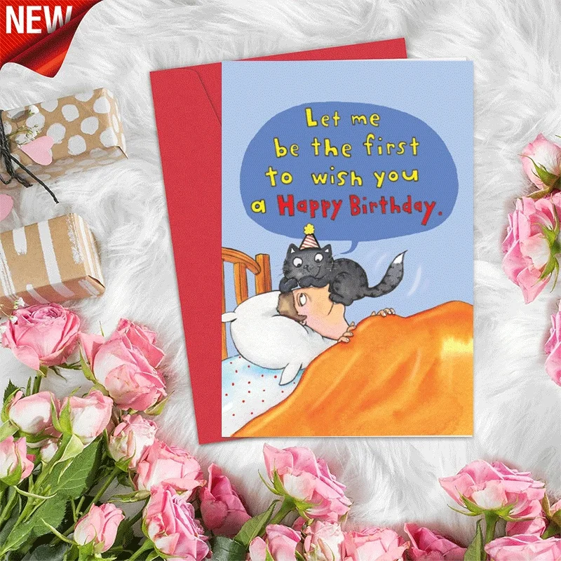 

Funny Cat Happy Birthday Card, First to Wish You Happy Birthday Greeting Card for Birthday Celebration