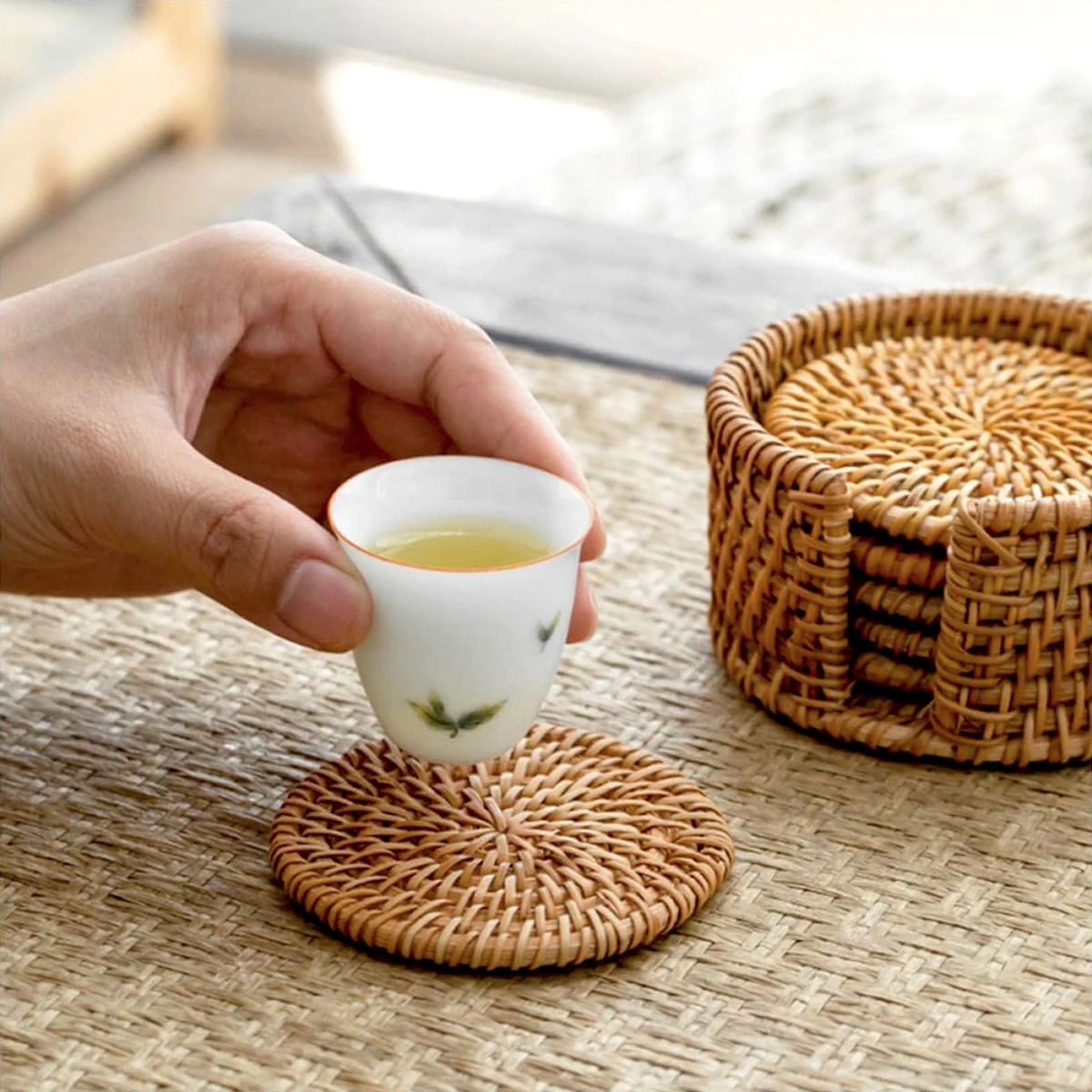 6Pcs Rattan Coasters Tableware Mats Handmade Tea Ceremony Tableware Set Japan Style Sado Supplies INS Style Desktop Decorations