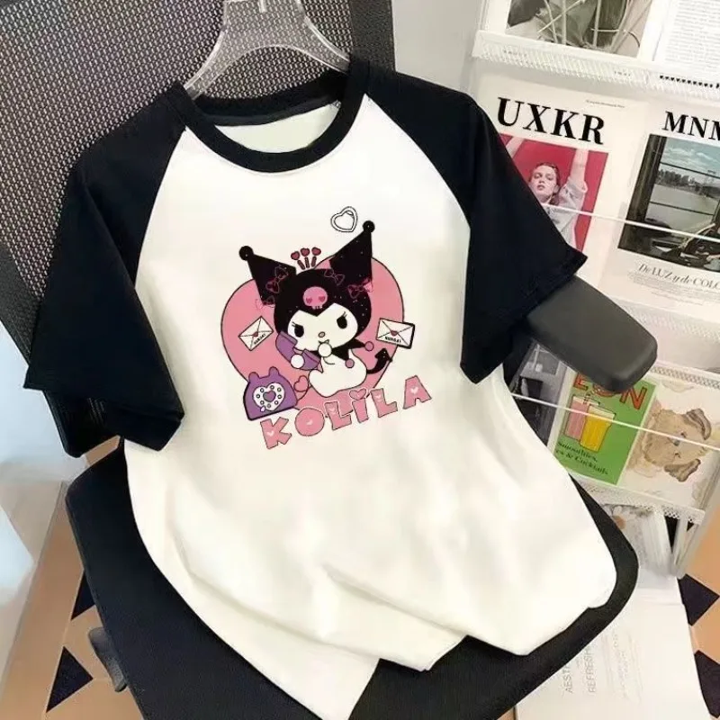

Летняя одежда для малышей, детские футболки с принтом Sanrio Kuromi для девочек, детский топ с короткими рукавами с героями мультфильмов, мягкая хлопковая лоскутная одежда