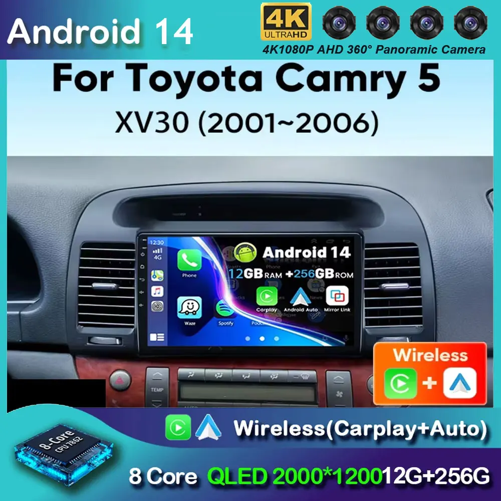 Android 14Car Radio For Toyota Camry 5 XV 30 2001 2002 2003 2004 2005 2006 Wireless Carplay Multimedia Android Auto Qualcomm 665