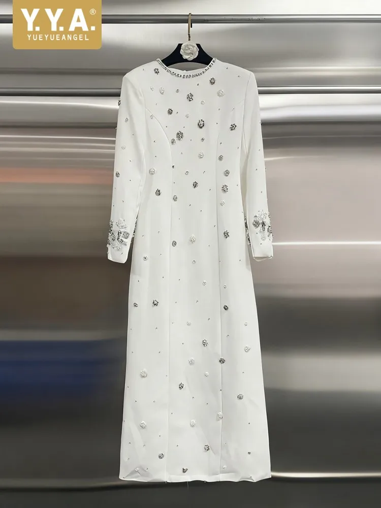 

Элегантное женское платье с круглым вырезом и длинными рукавами, украшенное бисером и стразами, для банкетов, однотонное, в стиле легкой роскоши, длинное.