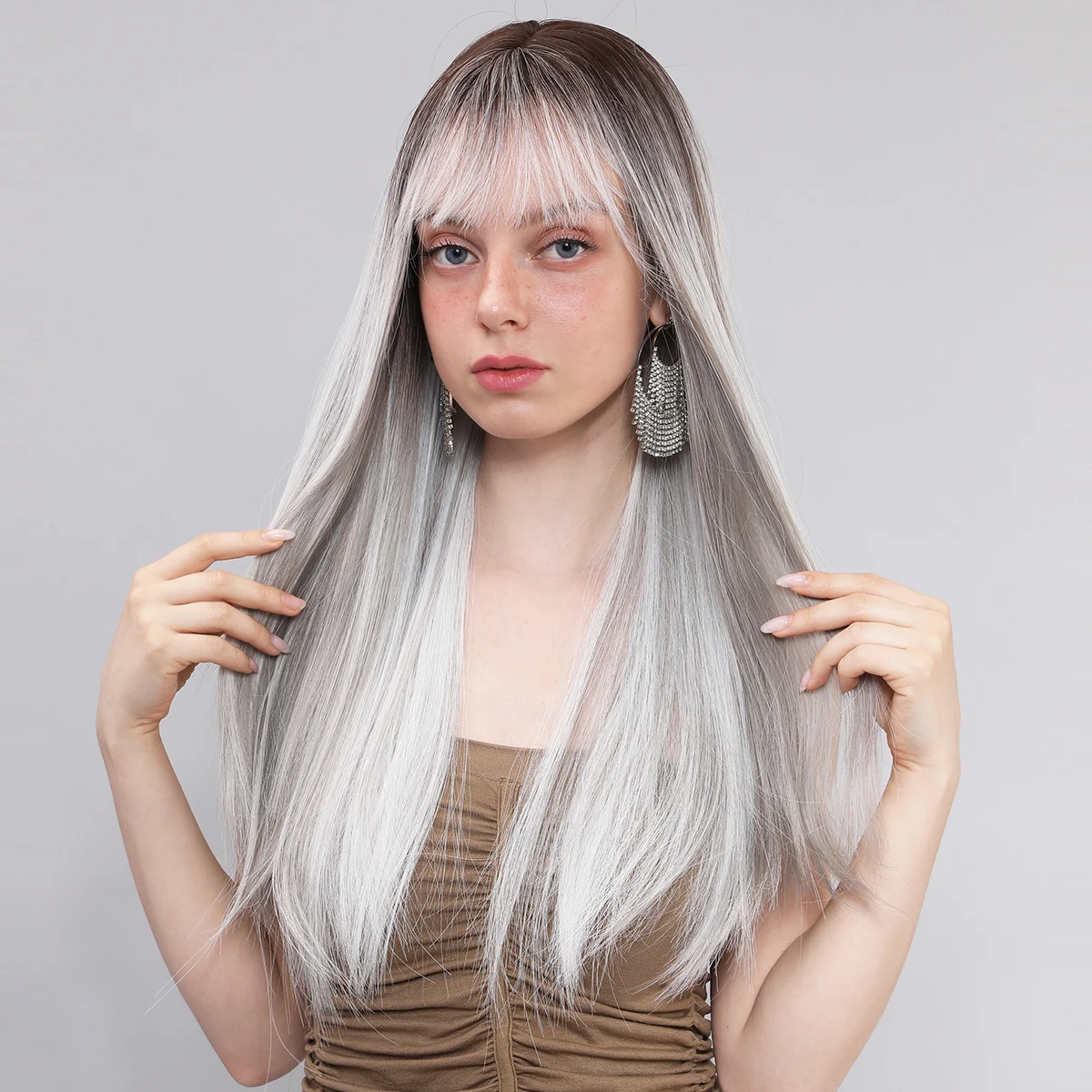 Smilco Omber Grey Long Straight Bob Wigs For Women Synthetic Natural Hair With Bangs Daily Cosplay Party Heat Resistant Wig