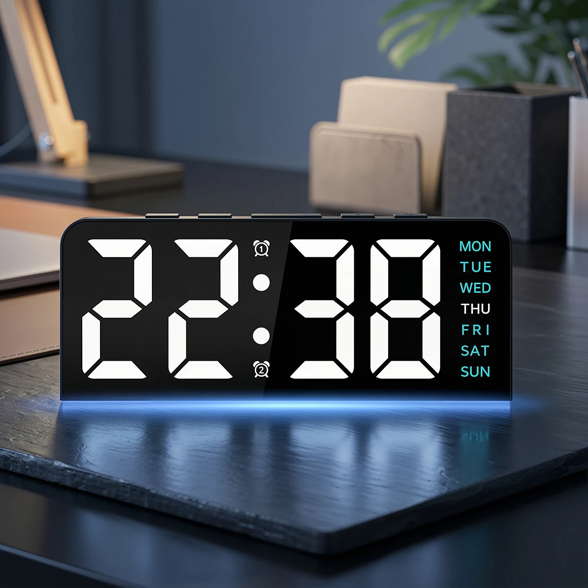 LED Digital Alarm Clock with Blue Atmosphere Light Date Temperature Display USB Powered, Adjustable Brightness Flat Crown Shape