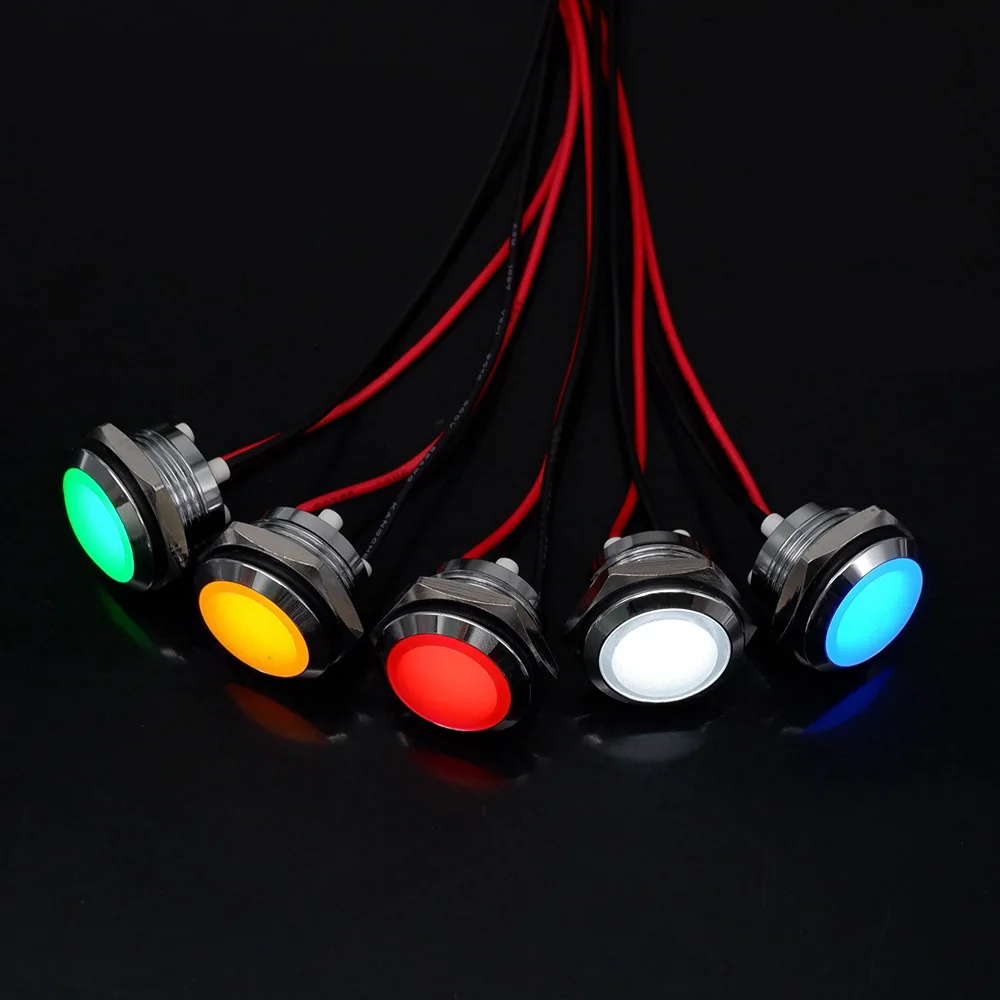 ไฟแสดงสถานะ LED แบบโลหะ 10 ชิ้น ขนาด 12/16/19/22 มม. ทรงกลม ไฟสัญญาณกันน้ำ ติดตั้งบนแผง 12V สีแดง เหลือง น้ำเงิน เขียว ขาว
