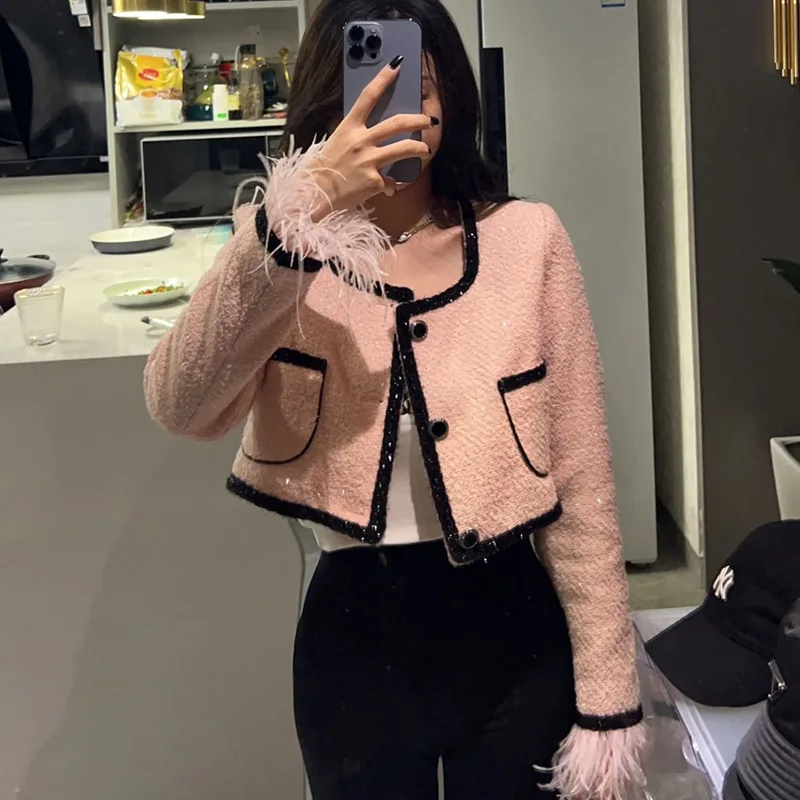 French Small Fragrant Wind Coarse Tweed Short Suit Coat Women\'s Autumn New Chic Feather Tassel Long Sleeve Square Neck Pink Coat