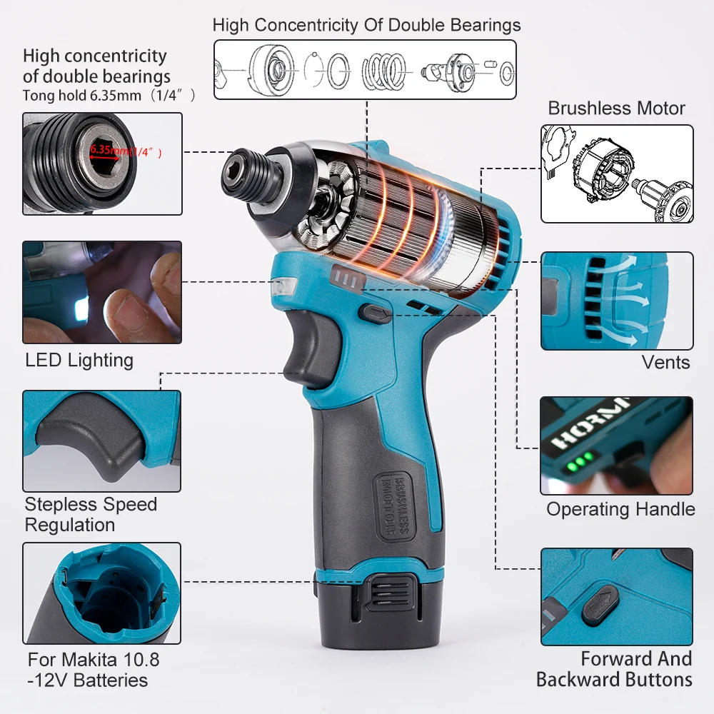 Imagem -04 - Brushless Furadeira Elétrica Chave de Fenda sem Fio Velocidade Variável Furadeira de Impacto Ferramenta Power Driver Bateria Makita 12v 120n.m