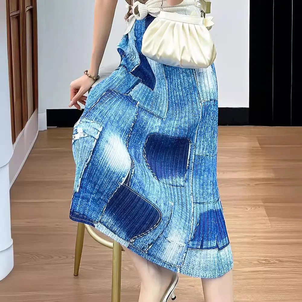 

Miyake Fashion Printed Flower Pleated Tassels Skirt for Women High Elastic Waist Skirts Female Clothing 2024 Spring New Skirt