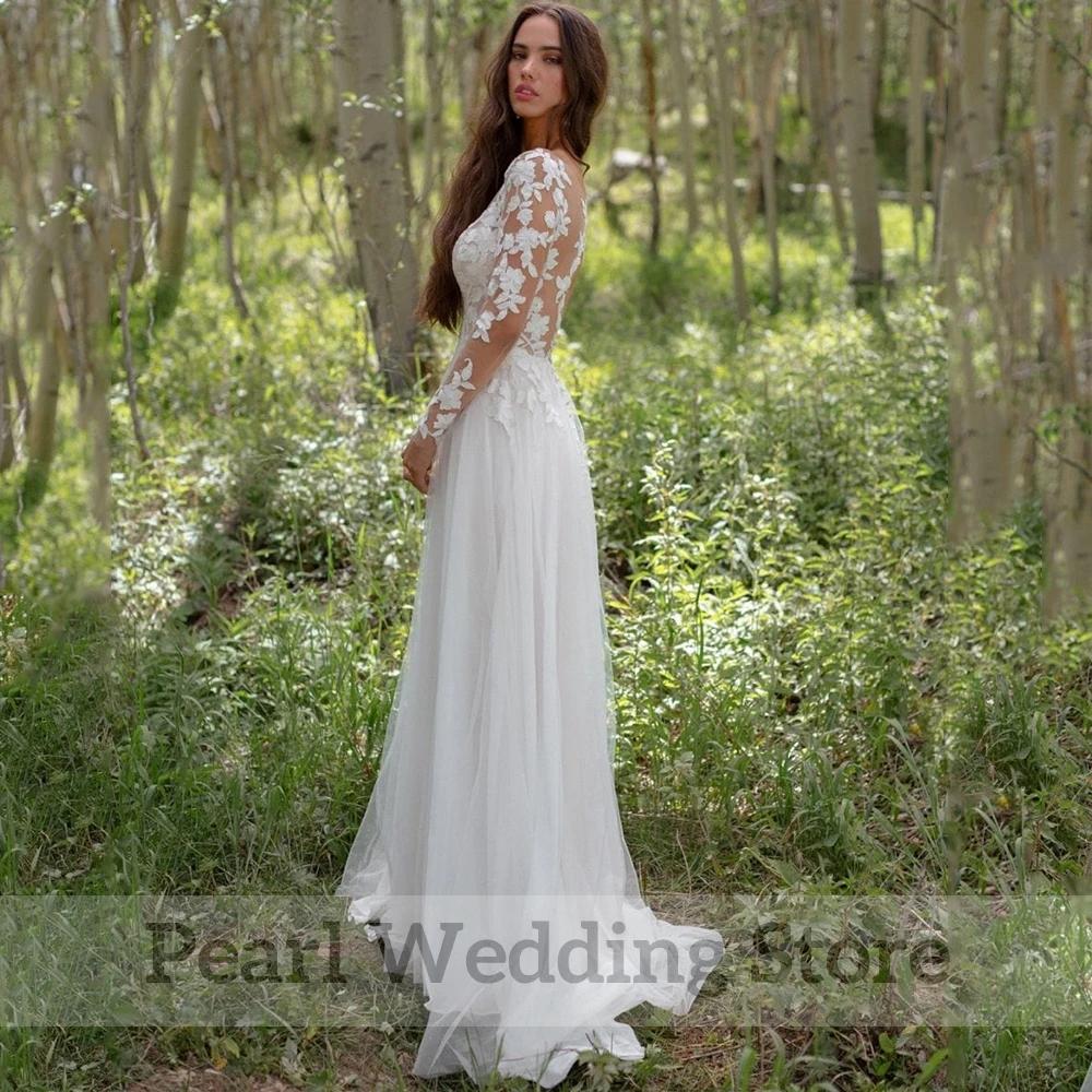 Vestido de novia romántico de manga larga, apliques de tul de ilusión, cuello redondo, línea A con botón, tren de barrido, largo hasta el suelo, vestidos de novia