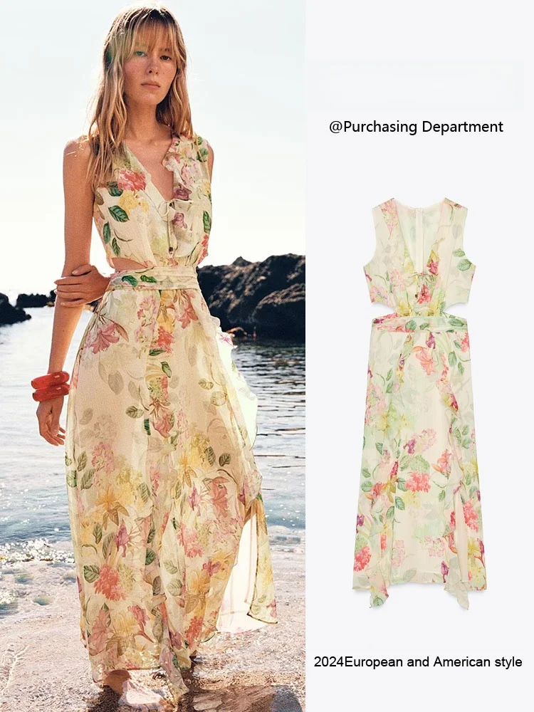 

Ele Floral Print Summer New Arrival Women's Dr Svel Open Design Casual Chic Maxi Length A-Line Gown