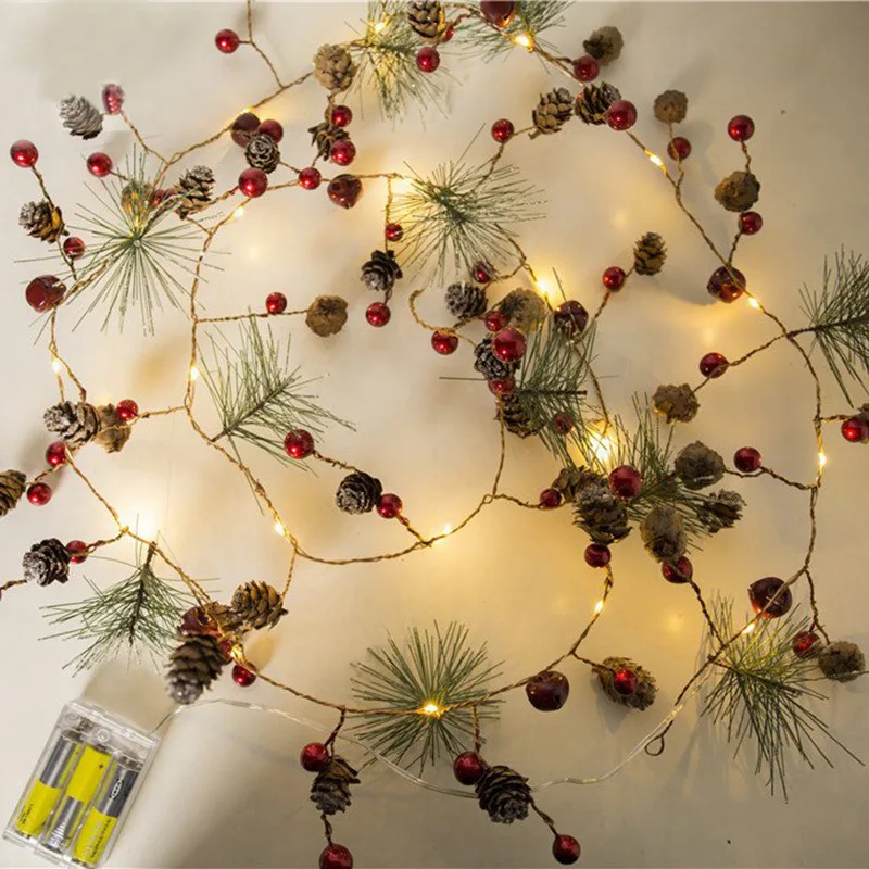 

LED String Fairy Light Christmas Pine Cones Branch Red Beads Stars Wood Artificial Flower Garland Home DIY Event Decoration