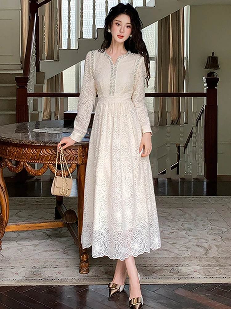 ชุดเดรสยาวสไตล์หวานแบบแฟรี่คอร์สำหรับผู้หญิง เสื้อผ้าผู้หญิงหรูหรา ผ้าลูกไม้โปร่งปักลายเพชร ชุดราตรีงานเลี้ยง ชุดออกงาน ชุดฤดูใบไม้ผลิ