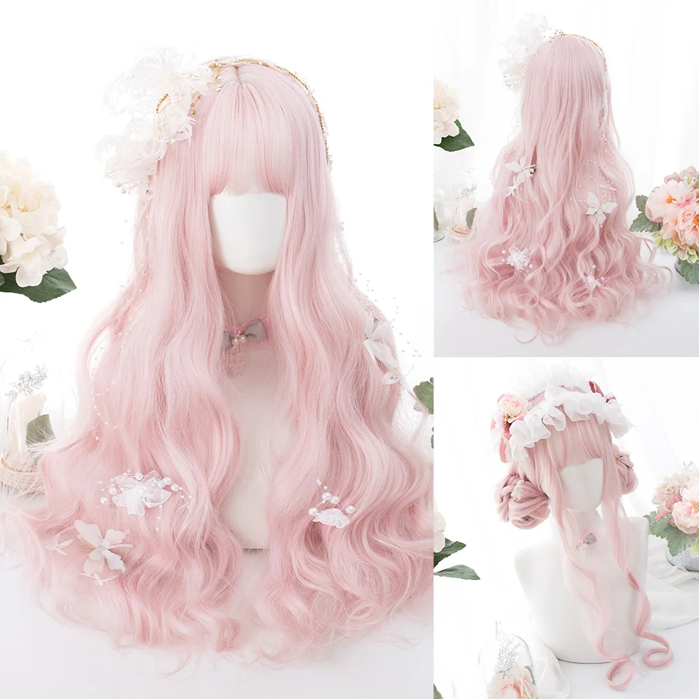 Wig sintetik warna Pink persik 26 inci dengan Bang Wig rambut berombak panjang alami untuk wanita penggunaan sehari-hari Cosplay tahan panas