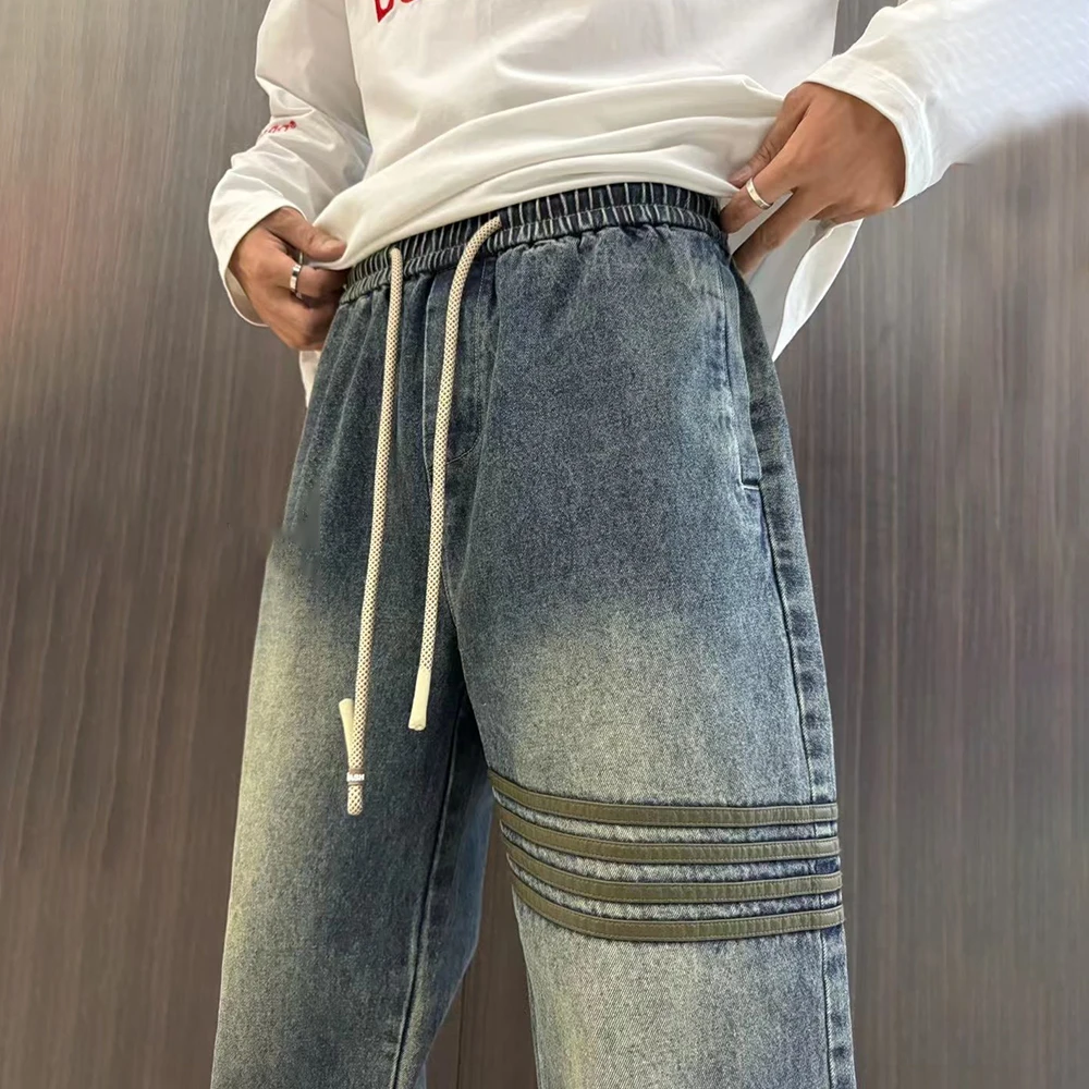 Men Plus Velvet Jeans Striped Contrast Color Casual Pants Autumn Streetwear Fashion All-Match Leggings  Male Men'S Clothing 2024