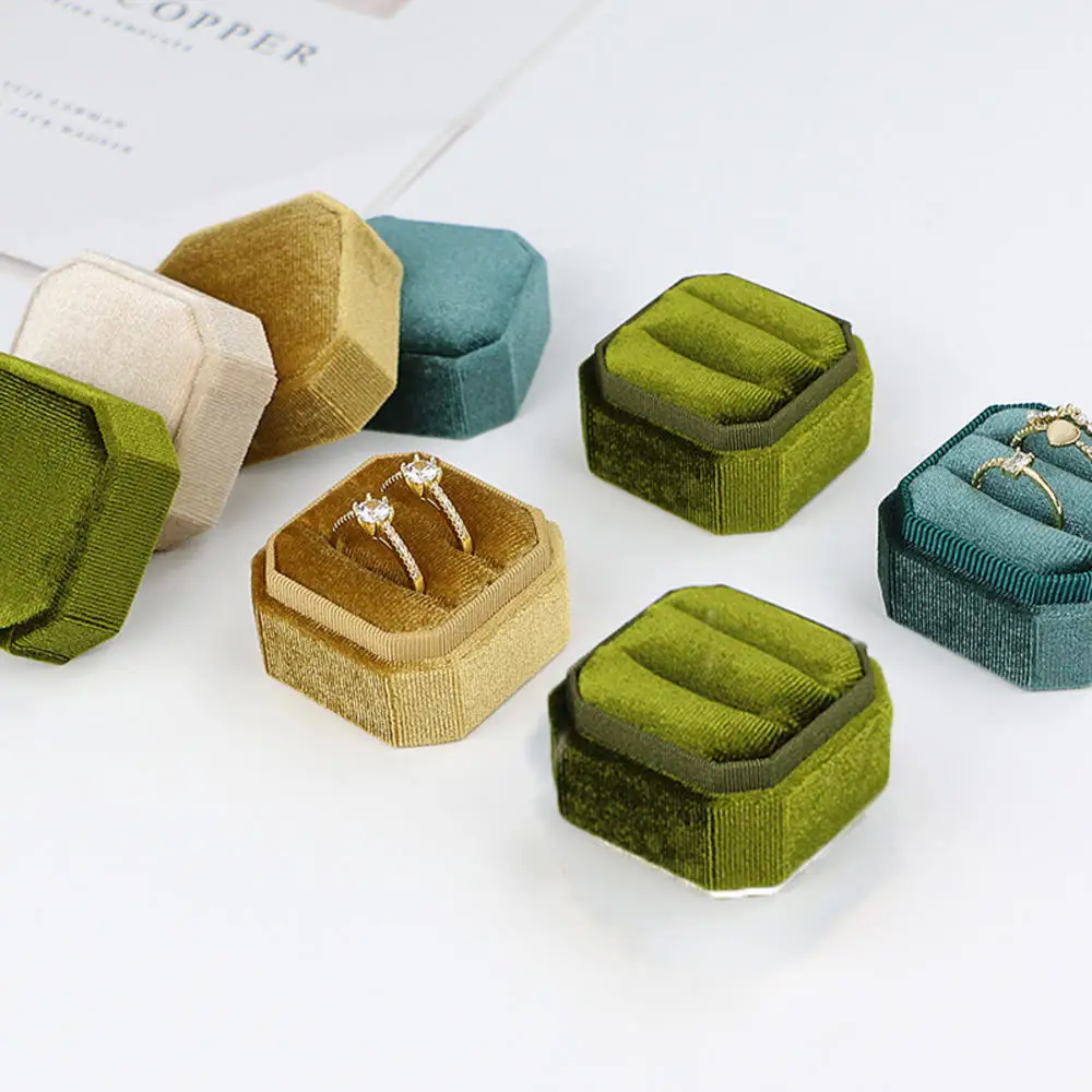 Vintage Octagon Square Velvet Single and Double Ring Box With Detachable Lid Earrings Proposal Engagement Wedding Ceremony Gifts