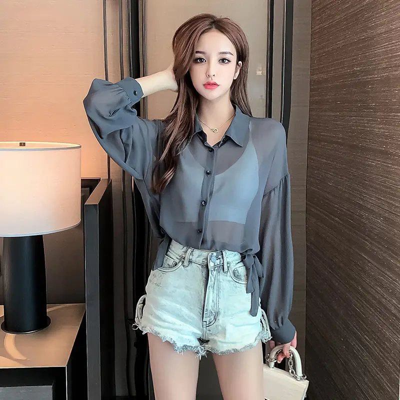 Clothing Full Sleeves Women\'s Shirts and Blouses with Bow Top for Woman Chiffon Transparent See-through Cool Tall M Pretty Y2k