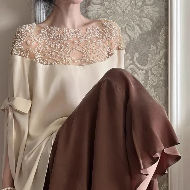 

Elegant Women Shirt Summer New Pearl Rice Apricot Irregular Clothes