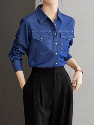 Denim Shirts Harajuku Retro Loose Blouse For Women 2024 Autumn New Korean Style Long Sleeve Top Elegant Blue Color Blouses