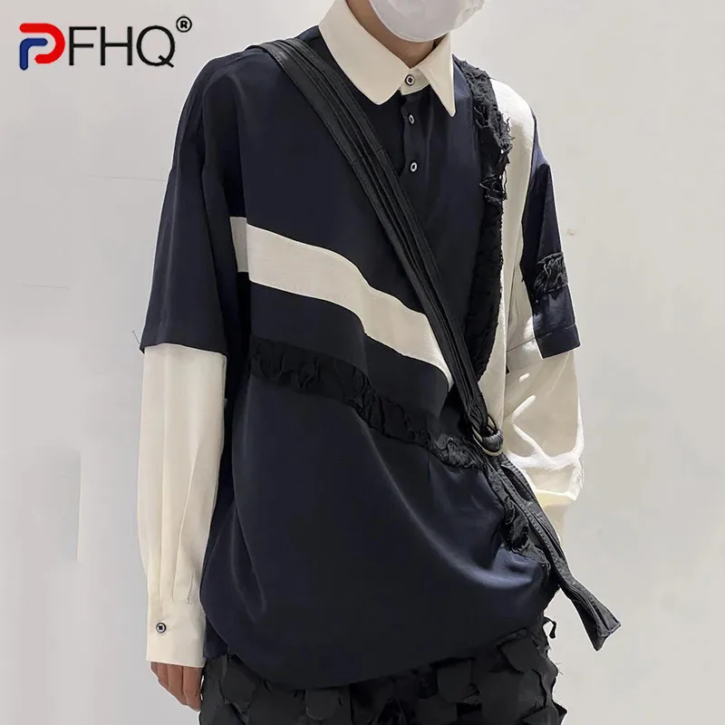 PFHQ Long Sleeved Men's T-shirts Casual Patchwork Lapel Button Design Tops Contrast Color Loose Male Tees Spring 2025 21Z9151