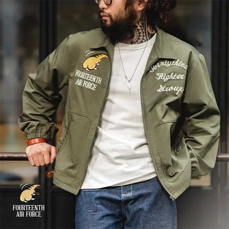 Maden Vintage Green A2 Embroidered Flight Jacket Heavyweight Lapel Zipper Bomber Jackets for Men's Autumn Versatile Outerwear