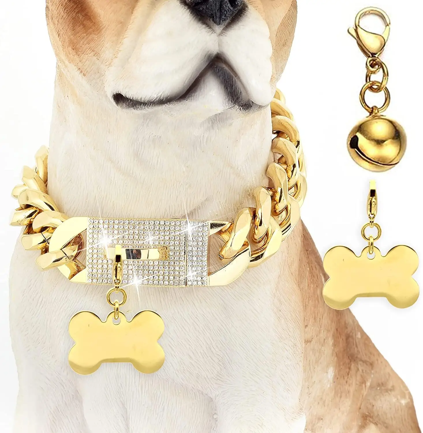 Gold Tone Dog Chain Collar Stainless Steel Cuban Link Chain Dog Collar with ID Tag and Bell for French Bulldog Pitbull 15/19mm