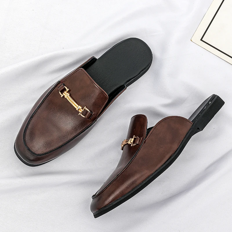 

British Style Loafers Outdoor Slip On Mules Men Half Drag Slippers Soft Comfortable Leather Designer Handmade Walking Flat Shoes