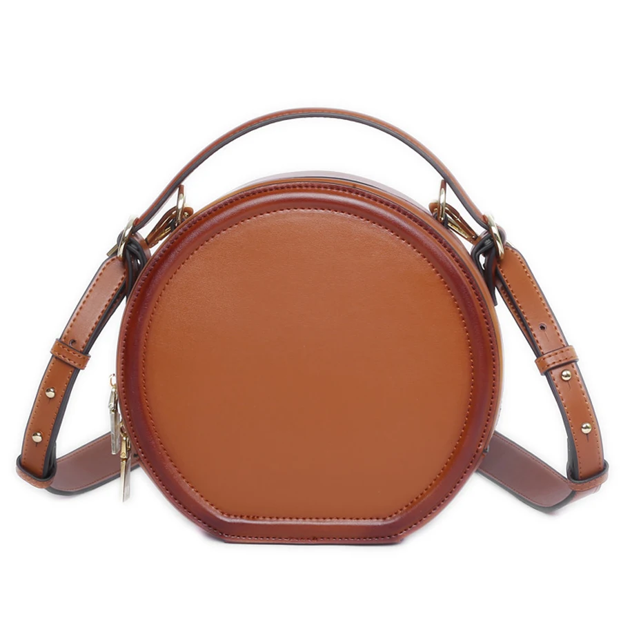 Fashionable new genuine leather women\'s bag, retro round cowhide crossbody bag, one shoulder handbag, cylindrical bag