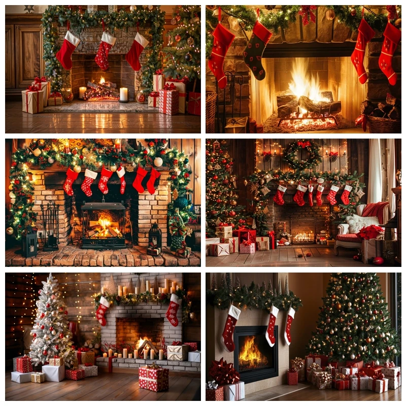 

Christmas Winter Party Background Window Curtain Xmas Tree Gifts Fireplace Party Decor Photography Backdrop Photo Studio Prop