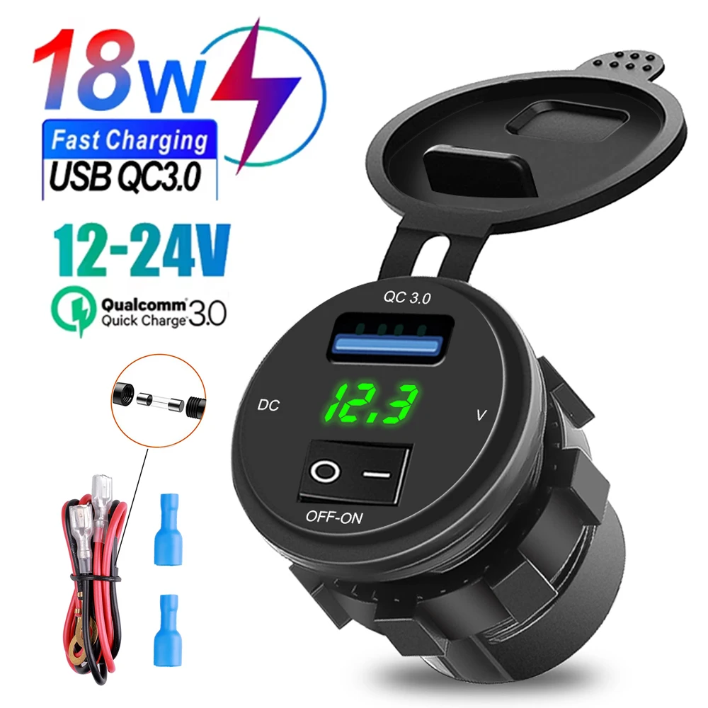 LED Quick Charge 3.0 USB Car Charger With ON-OFF Switch Socket Digital Display Voltmeter USB Charger Socket For Car Motorcycle