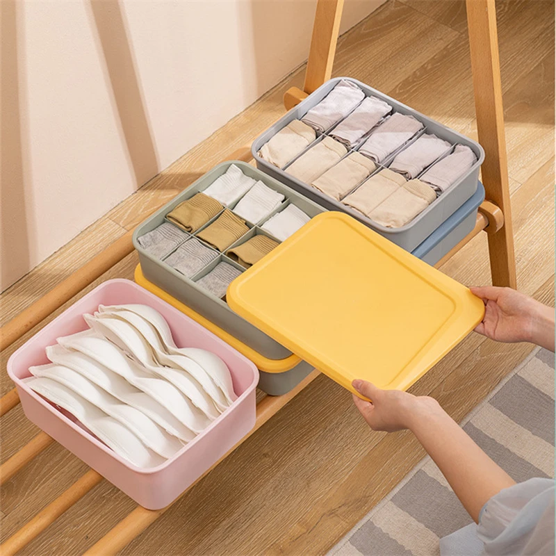 1/10/15 Grid Plastic Underwear Storage Box with Dust-Proof Lid Socks Bra Closet Drawer Organizer Container for Wardrobe Bedroom