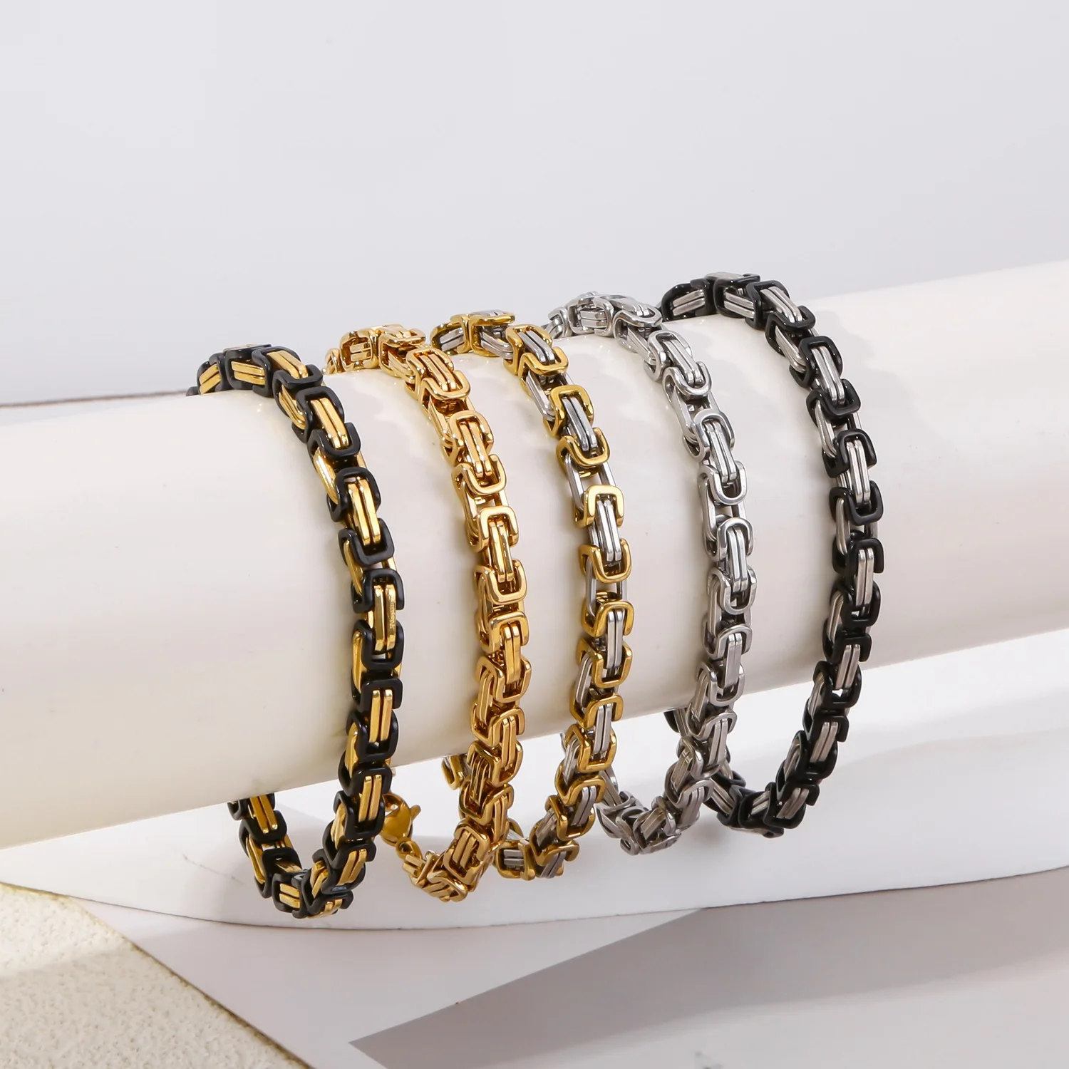 Hip-Hop-Punk Edelstahl Byzantinisches Kettenarmband Retro Goldfarben Herrenarmband Mode Party Schmuck Accessoires – Detail 2