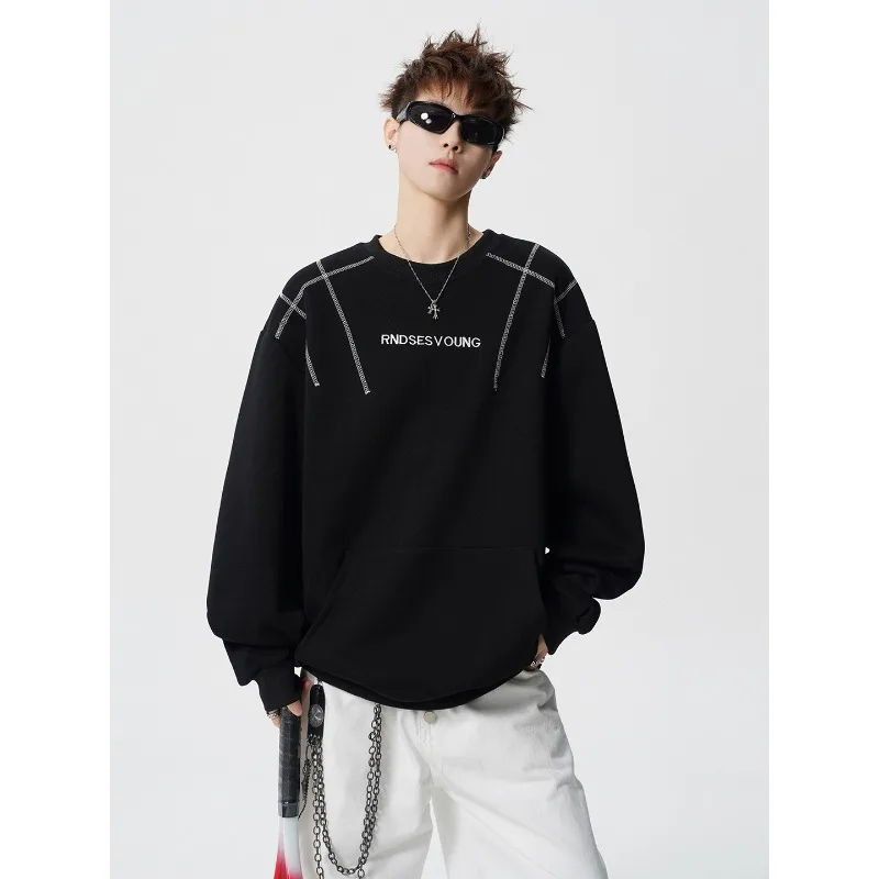

Men's Letter Embroidered Pocket Crewneck Sweatshirt Oversized Casual Vintage Streetwear Pullover Tops Couple Sweatshirt