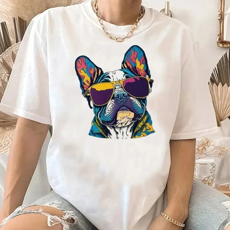 

Милая футболка с рисунком французского бульдога и крутыми солнцезащитными очками, йога Mugshot, очаровательный дизайн, стильная повседневная футболка с коротким рукавом