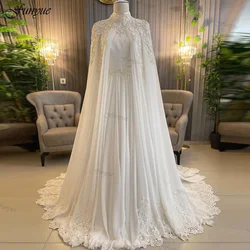 Customized Dubai Muslim Wedding Gowns for Bride Pearls Chiffon Arabic Bridal Dress with Cape Long Sleeves Vestidos Novias Boda