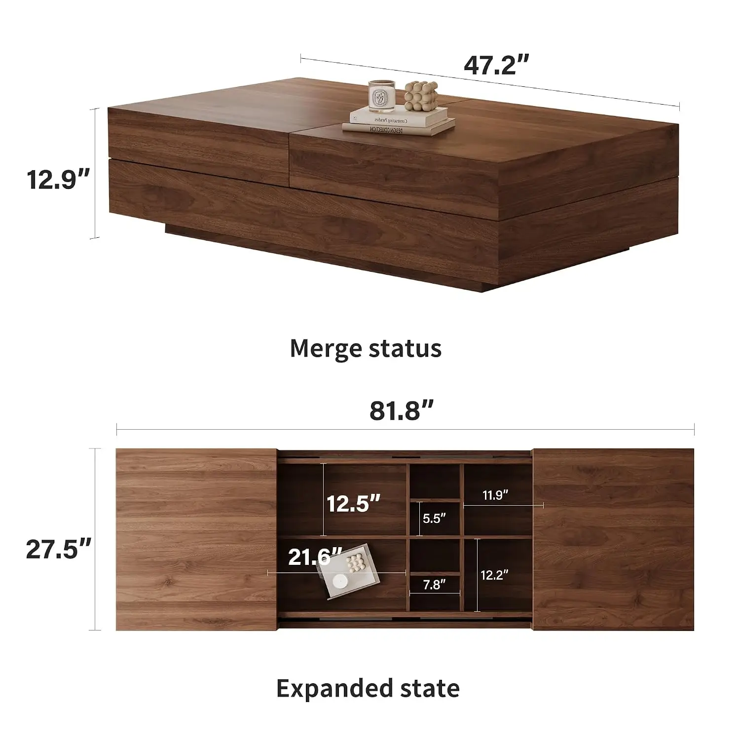 Mid-Century Modern Expandable Coffee Table (47.2-81.8, Customized