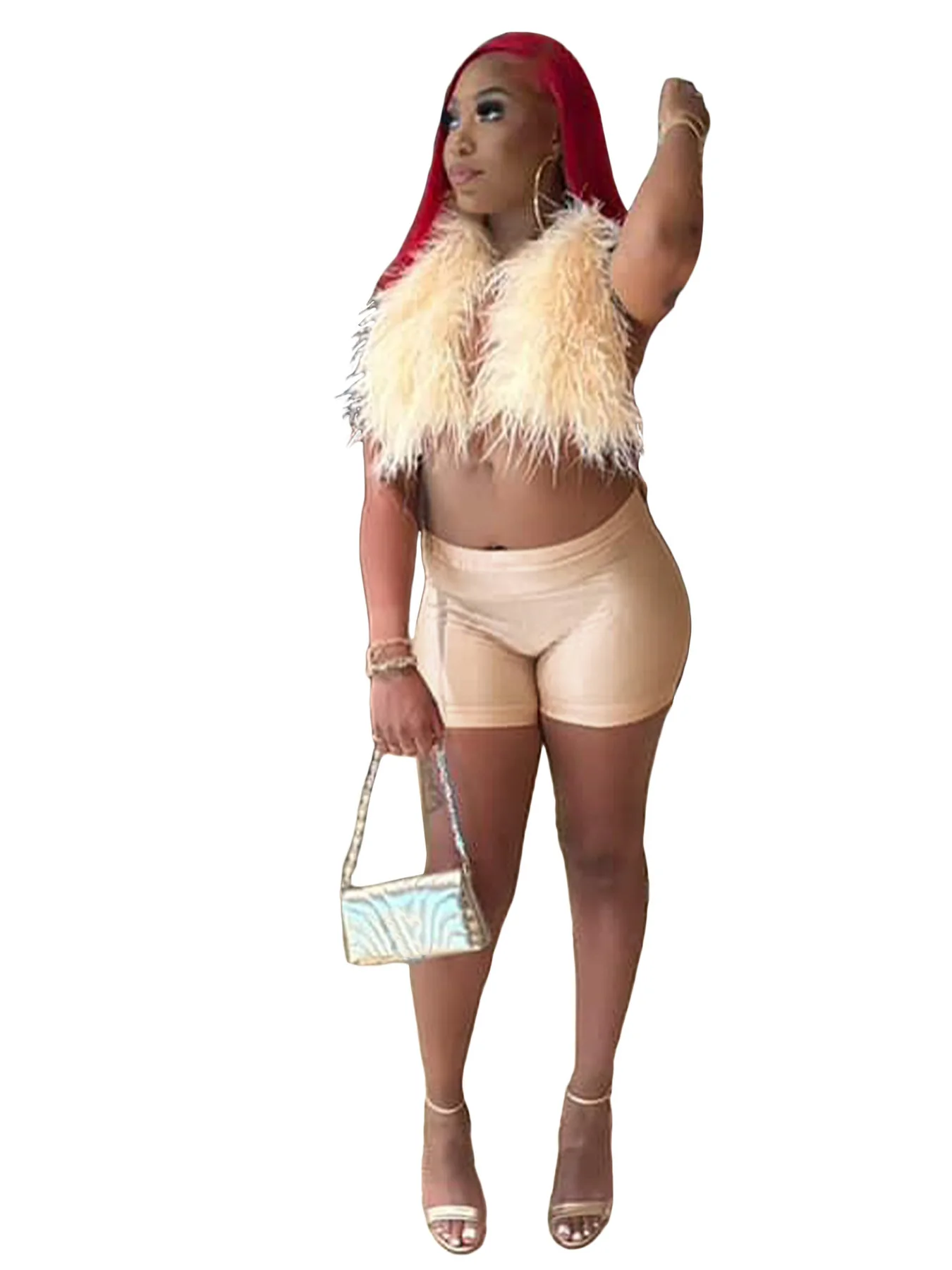 HR25025 Sexy Night Club 2 Piece Pants Set Women Summer Furs Halter Tank Tops and Tight Stretch Shorts Hot Girls Midnight Party S