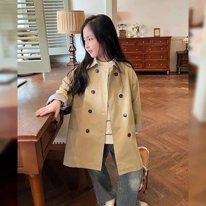 

Стильный плащ средней длины для девочек в британском стиле, весна-осень 2022, детское хлопковое пальто корейского дизайна
