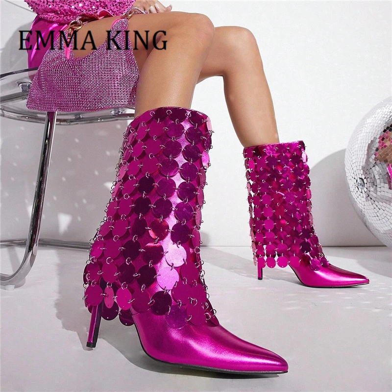 

Women Metallic Leather Mid-calf Boots Round Bling Chain Detail Fashion-forward Boots Sexy Stiletto Heel Sequin Ball Party Shoes