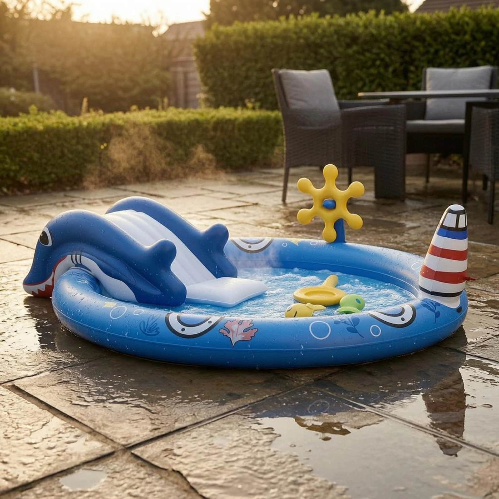 Ocean-themed Inflatable Pool Thickened PVC Lighthouse Column Water Play Center for Outdoor Backyard Aquatic Fun view 5