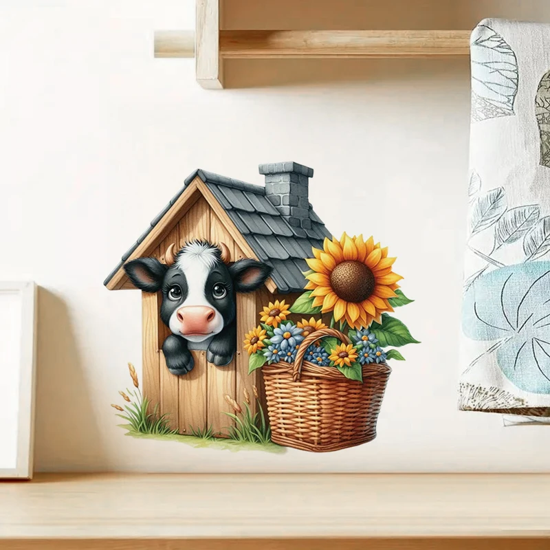 Funny Cow in the Wooden House Sticker, Water-proof Home Wall Decal for Wall, Bathroom, Cabinet, Door,Toilet, Car, Laptop