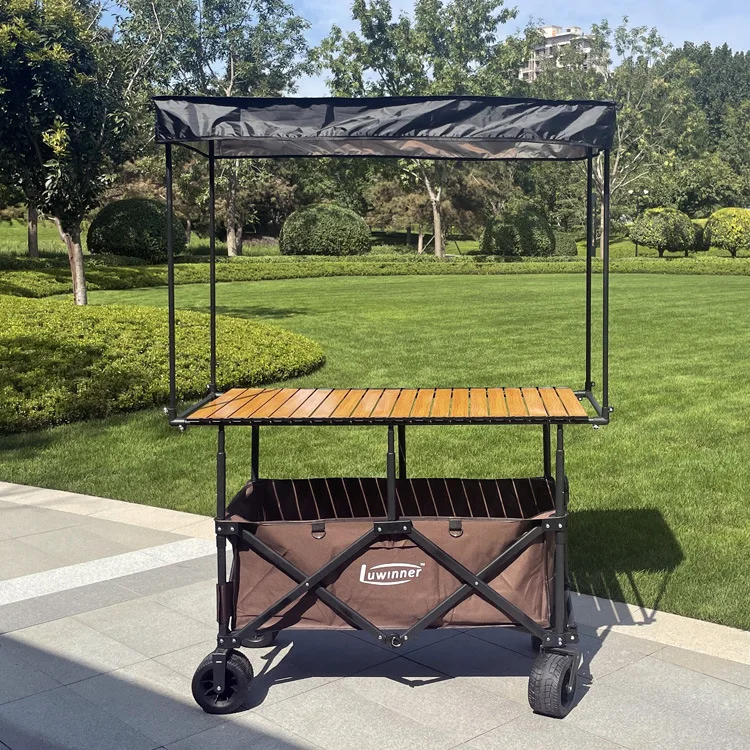 

2026 All Terrain Custom Logo Folding Camping Wagon with Canopy & Table Top Collapsible Cart for Beach Market
