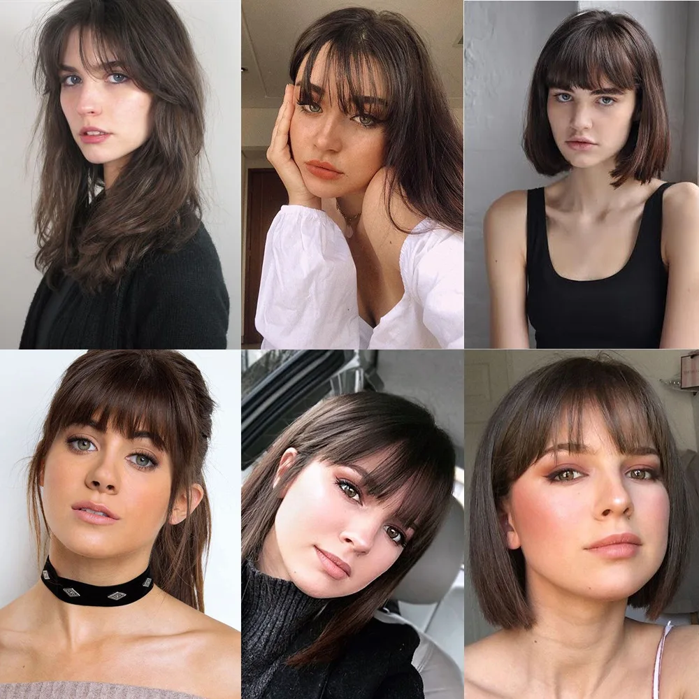 Extensões sintéticas do cabelo do grampo-em para mulheres, bangs falsos do cabelo, hairpieces resistentes ao calor, bangs macios do ar