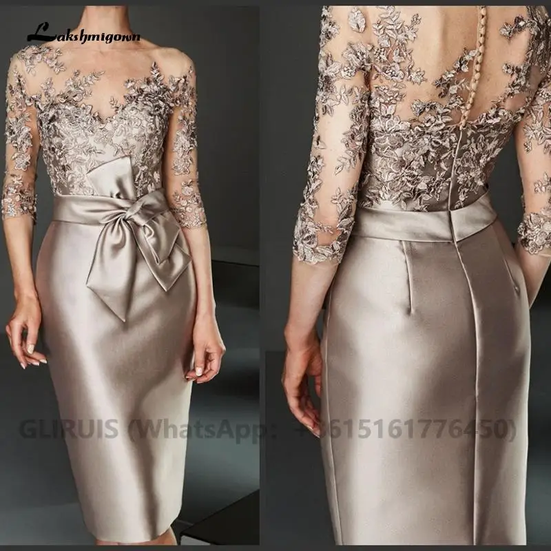 

Silver Champagne Short Knee Length Lace Mother of the Bride Dresses Three Quarter Sleeves Mother Formal Wedding Guest Gown