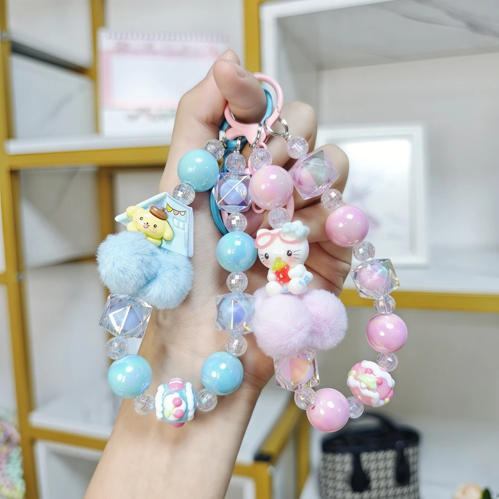 

Kawaii Sanrio beaded mobile phone chain, anime Hello Kitty keychain, creative bag pendant, girl gift.