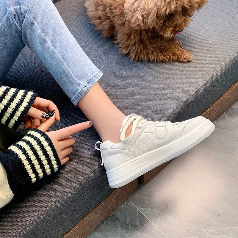 Korean Style Low-top PU Leather Women's White Shoes School-style Lace-up Ladies Vulcanized Shoes Outdoor Leisure Flat Sneakers
